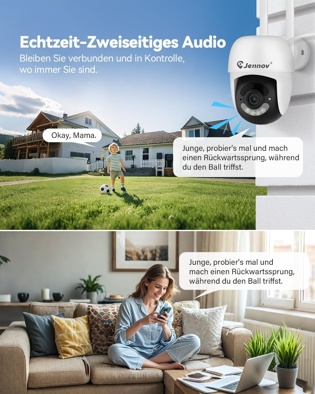 Jennov 2K Überwachungskamera Aussen, 360° PTZ WLAN IP Kamera mit 2-Wege-Audio, Automatische Nachverf