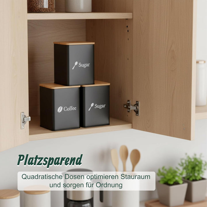 Relaxdays Vorratsdosen, 3er Set, Kaffee, Tee, Zucker, Metall, Bambusdeckel, HBT: 15x11x11 cm, Küchen