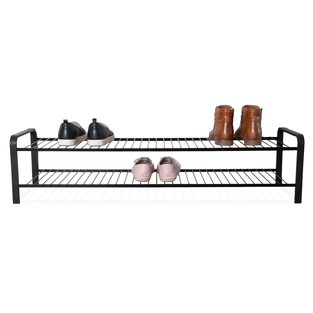 LM 393 Schuhregal Schwarz 107cm breit, Schuhablage schmal mit 2 Ebenen, offen, schwarz Schwarz 2 Ebe