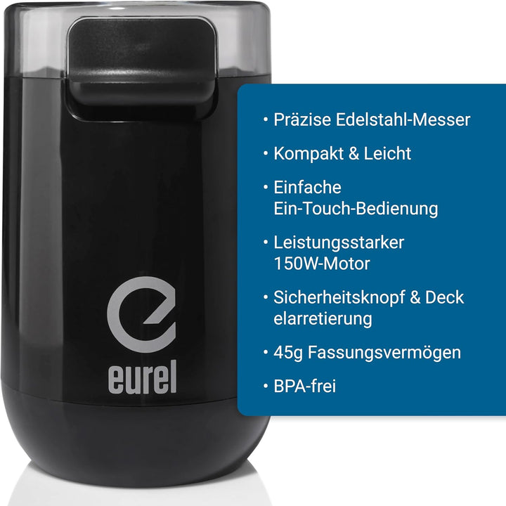 EUREL KMA Schwarz Kaffeemühle | Beste Mahlergebnisse I Mahlgrad variabel I Edelstahl Mahlbehälter un