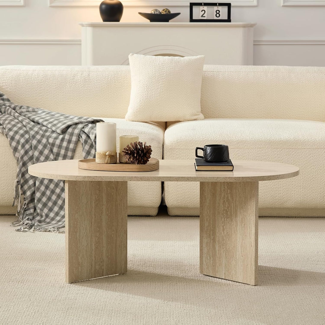 Couchtisch Oval Rund Weiss Travertin Steinoptik – 100 x 50 x 40 cm (L x B x H) Travertin Weiss, Trav