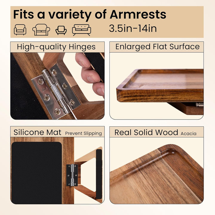 Fibogollo Akazienholz Sofatablett Armlehne,Festclip Couch Tablett Armlehnen Tray für Snacks,Handy,Co