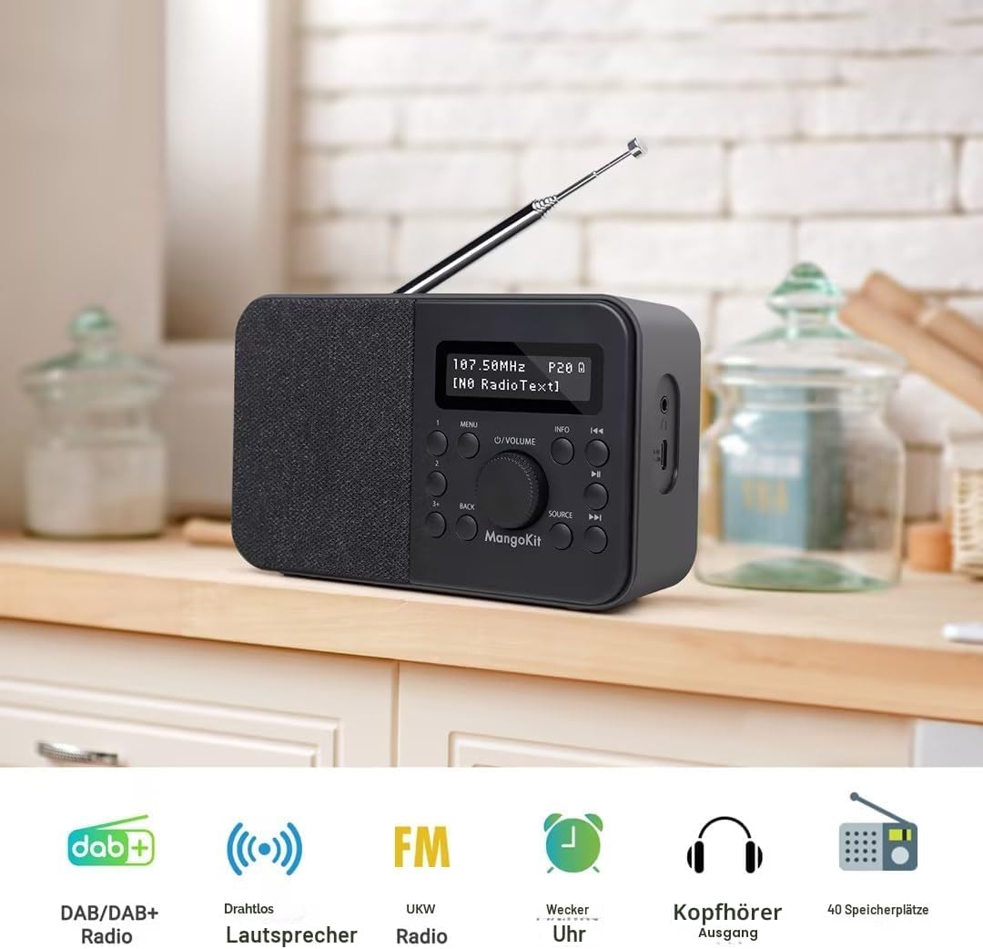MangoKit PR2S Tragbares DAB+ Digitalradio,Küchen-FM-Radio,Bluetooth-Lautsprecher,Persönliches DAB-Ra