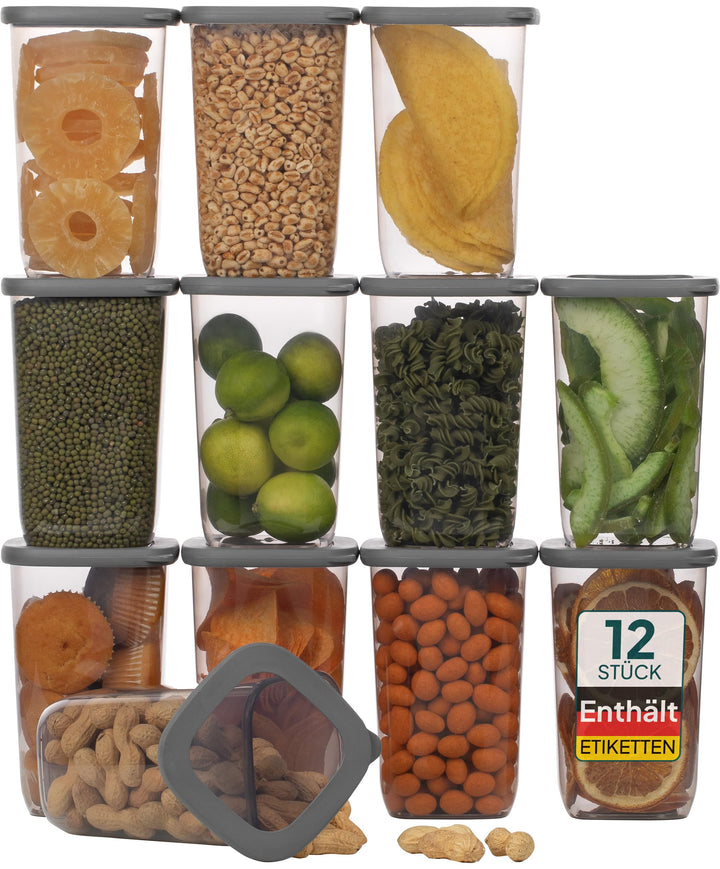 uandu Vorratsdosen mit Deckel luftdicht – 12er für Müsli, Mehl &amp; Zucker 12x1200ml-grau, 12x1200ml-gr