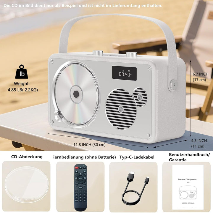 CD Player Tragbar mit Bluetooth, UKW Radio, 2000mAh wiederaufladbare Akku, MP3-Wiedergabe/USB/AUX-Ei
