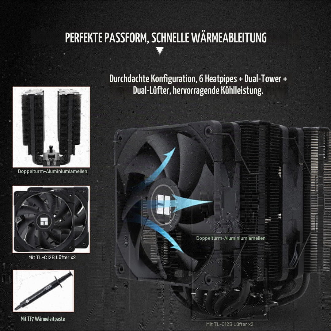 Thermalright Peerless Assassin 120 Black CPU-Luftkühler, 6 Heatpipes, zwei 120mm C12B PWM Lüfter, Al