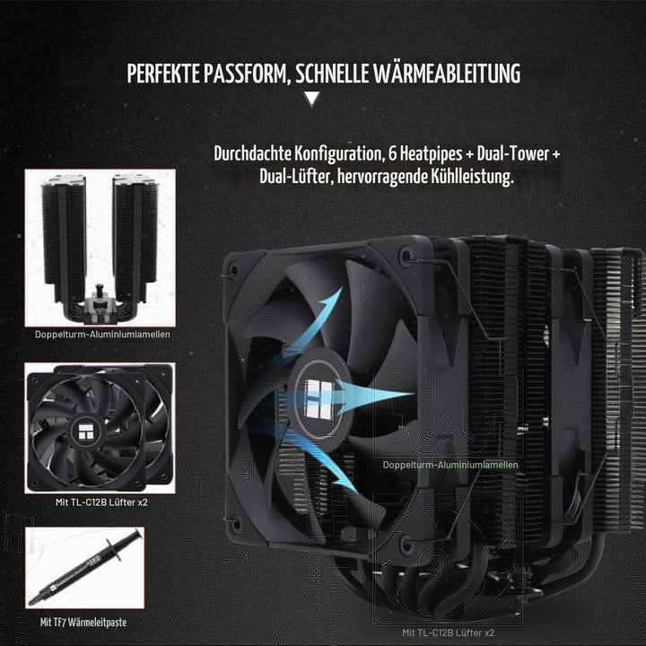 Thermalright Peerless Assassin 120 Black CPU-Luftkühler, 6 Heatpipes, zwei 120mm C12B PWM Lüfter, Al