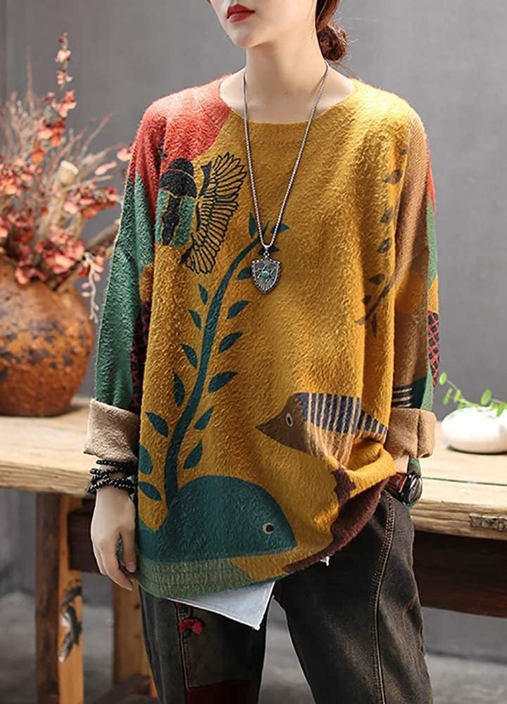 Janein Damen Pullover Oversize Lang Strickpullover Herbst Winter Rundhals Sweater mit Blumenmuster W