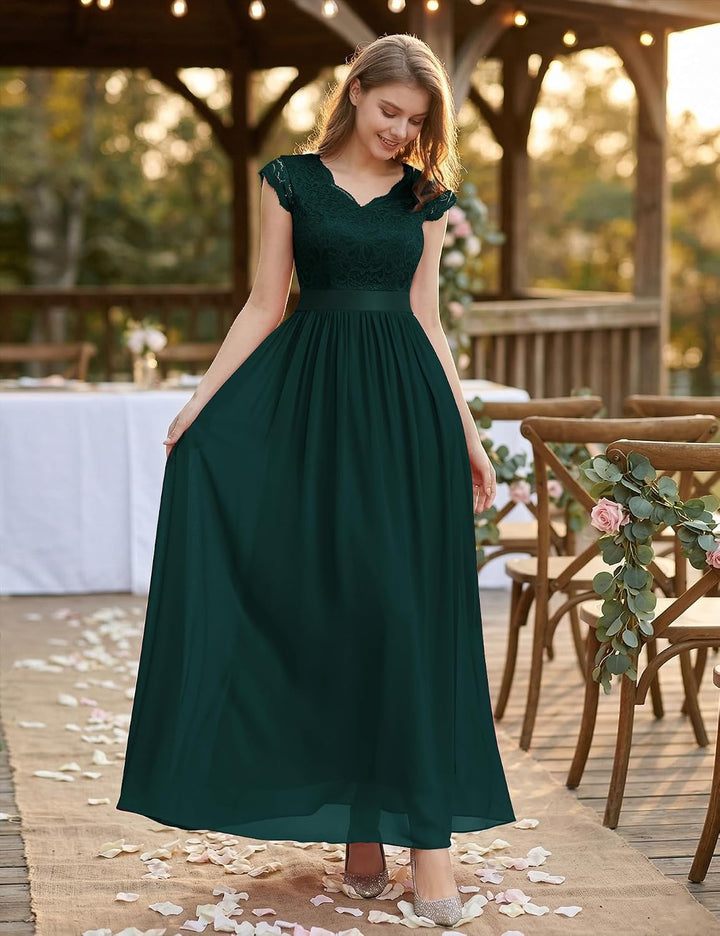 Dressystar Damen Ballkleid Maxi Lang Abendkleider Elegant für Hochzeit Spitzen Cocktailkeid XXL Band