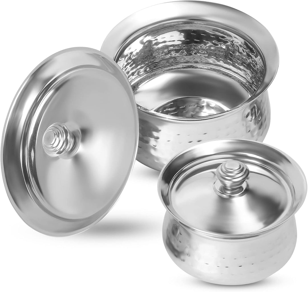 KSJONE Biryani Handi Set aus Edelstahl,Premium Stahl gehämmerte Oberfläche, Patila Handi,mit gehämme