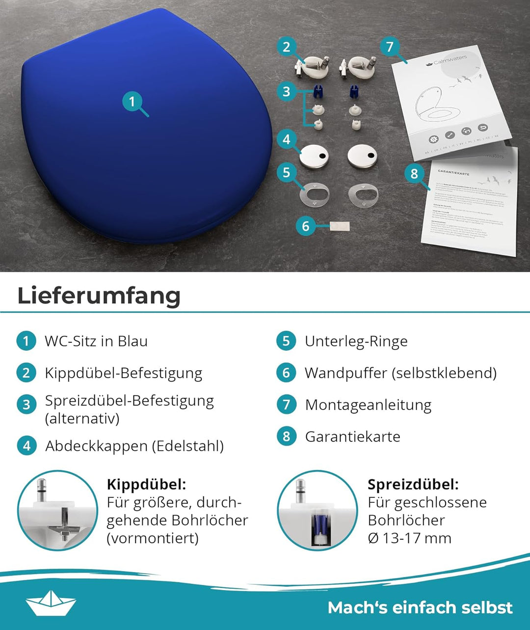 Calmwaters® Premium WC Sitz einfache Montage, Toilettendeckel bis 250 kg, Made in EU, antibakteriell