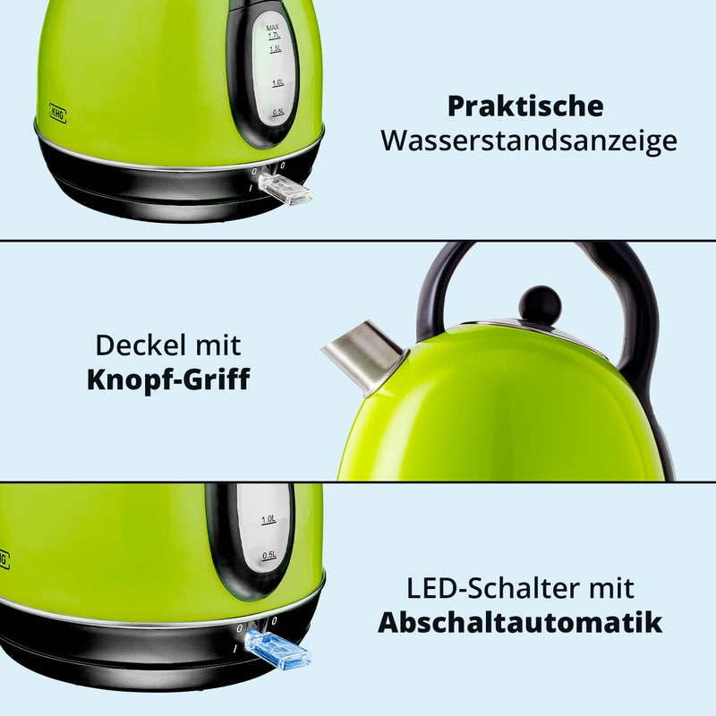 KHG Wasserkocher WK-1711 (L) Lime-Grün, Kessel-Kocher 1,7 Liter, 360° Sockel, herausnehmbarer Kalkfi