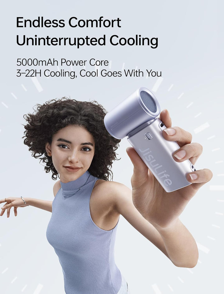 JISULIFE Tragbarer Handventilator 9S, Turbo Power, bis zu 22 Stunden Laufzeit, 5000 mAh Akku, 5-Gang