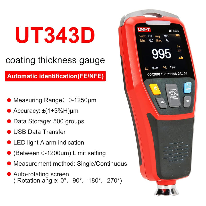 UT343D Schichtdickenmessgerät 0,1 Mikron/0-1250um Automobillackschichtdickenprüfer