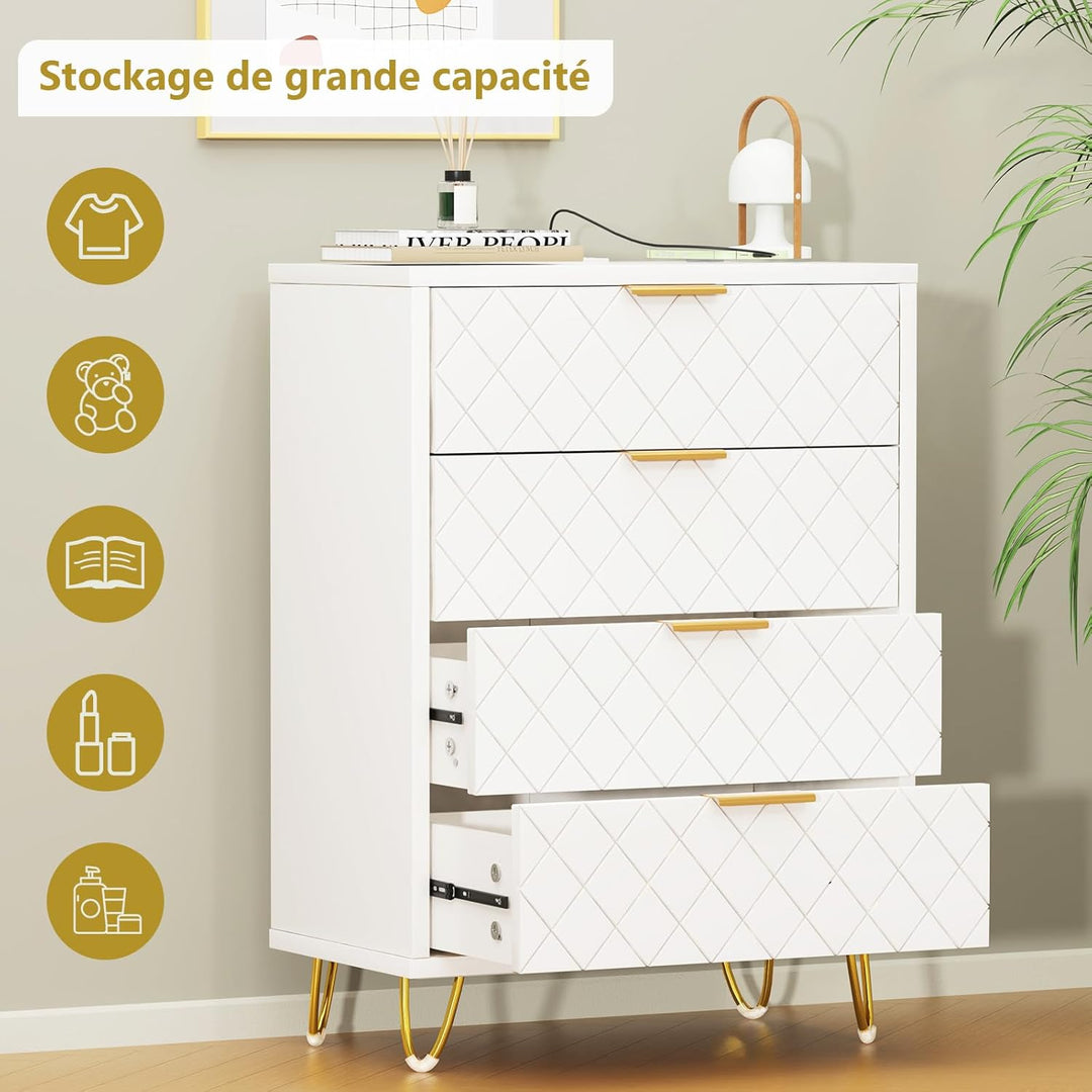 Nachttisch Weiss mit Ladestation, 2er Set, Nachtschrank mit 4 Schublade, 2 AC-Steckdosen, 2 USB-Ansc