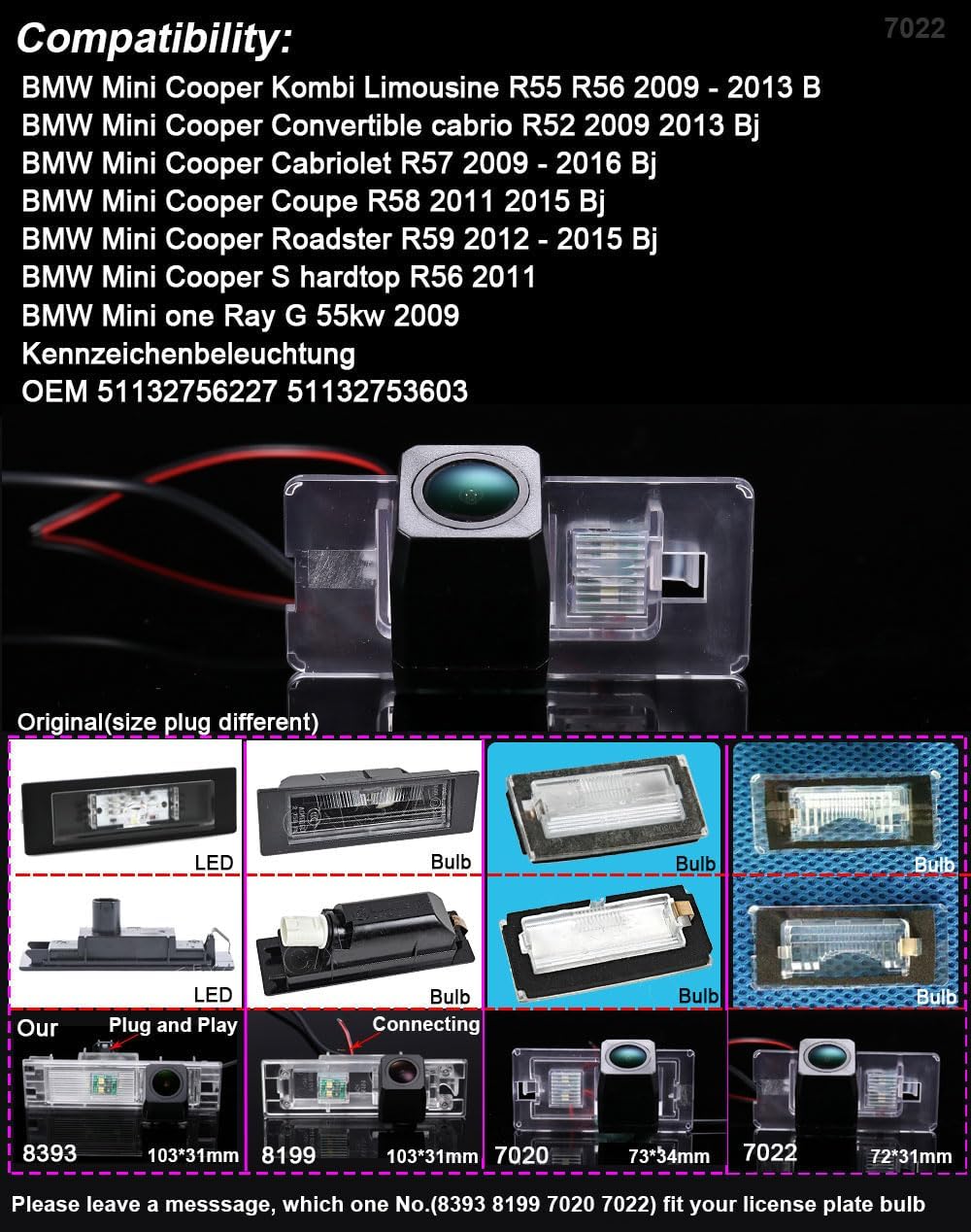 1280P Super HD Nachtsicht Rückfahrkamera Ersatz Pür BMW Mini Cooper Kombi Limousine R55 R56/Converti