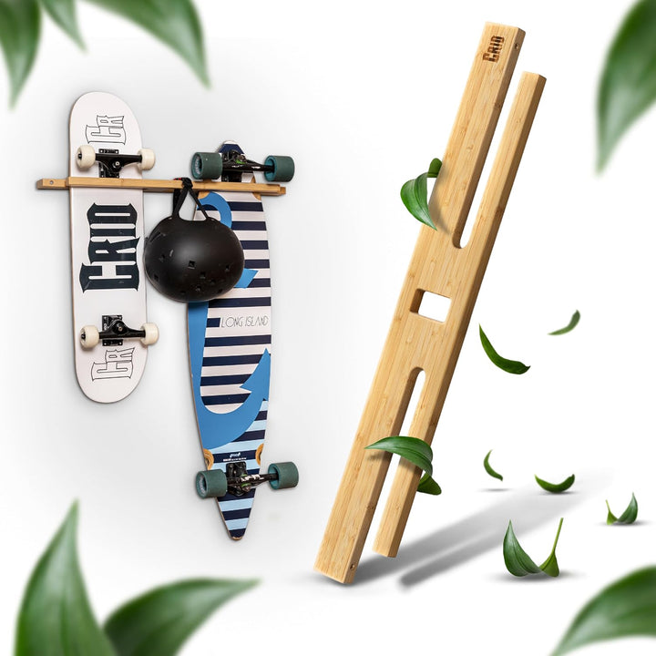 CRID Doppel Skateboard Wandhalterung aus Bambus - Universal Halterung für Skateboard, Longboard, Sno