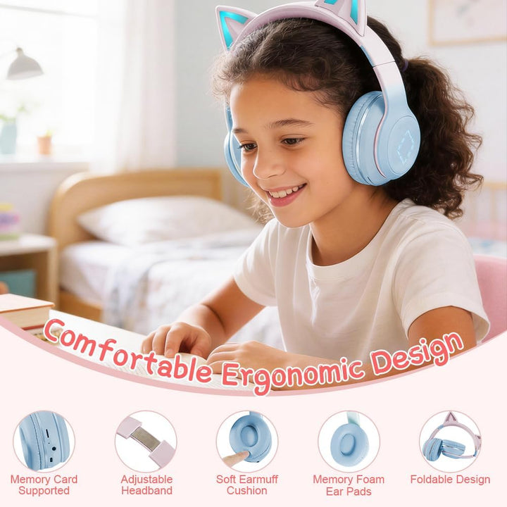 Kinder Bluetooth Kopfhörer, Katzenohr LED Lichter, Bluetooth 5.3 Stereo, Verstellbares Kopfband, 85d