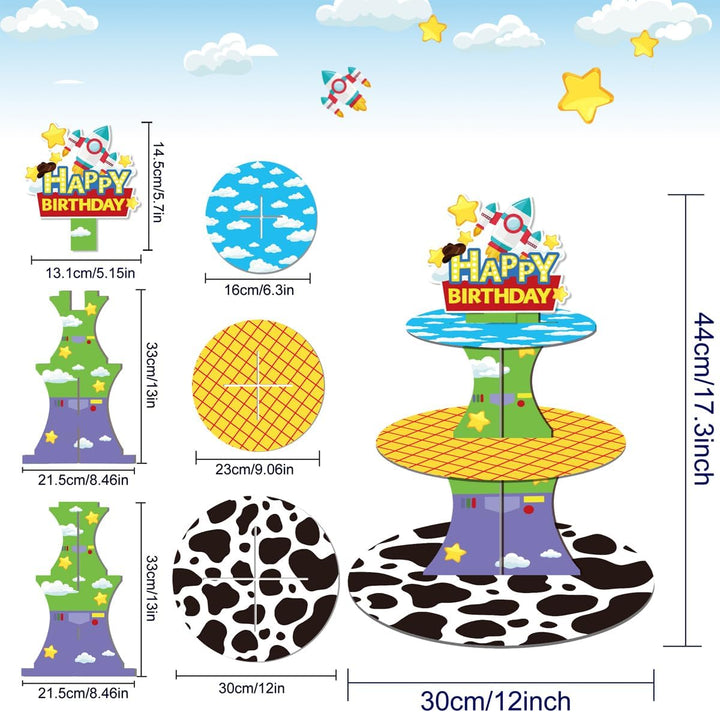 Cartoon Story Cupcake Ständer, 3 stöckiger Dessertturm, Spielzeug-Thema Junge Geburtstag Party Dekor