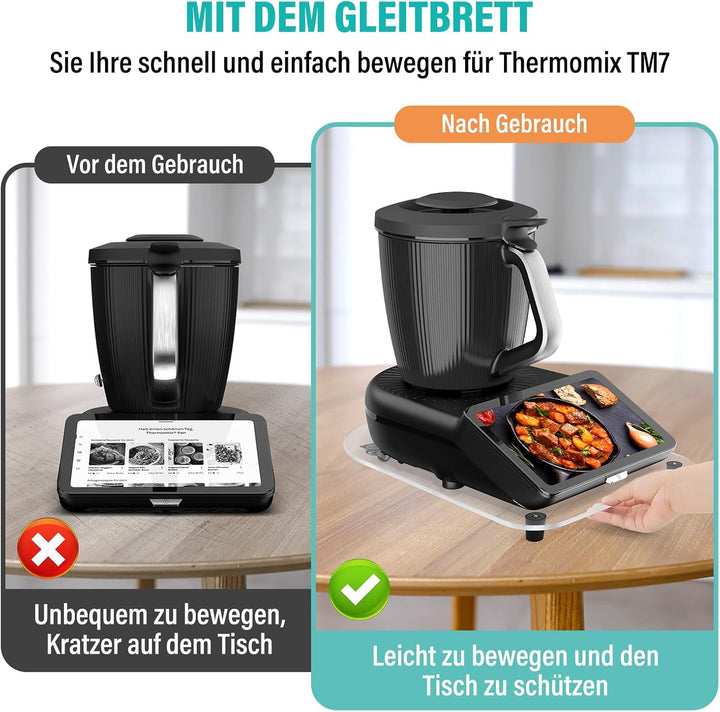 Acryl Gleitbrett für Thermomix TM7 – Mit 360° Rollen + Rutschfest Gummifüsse des Schnelles Bewegen/S