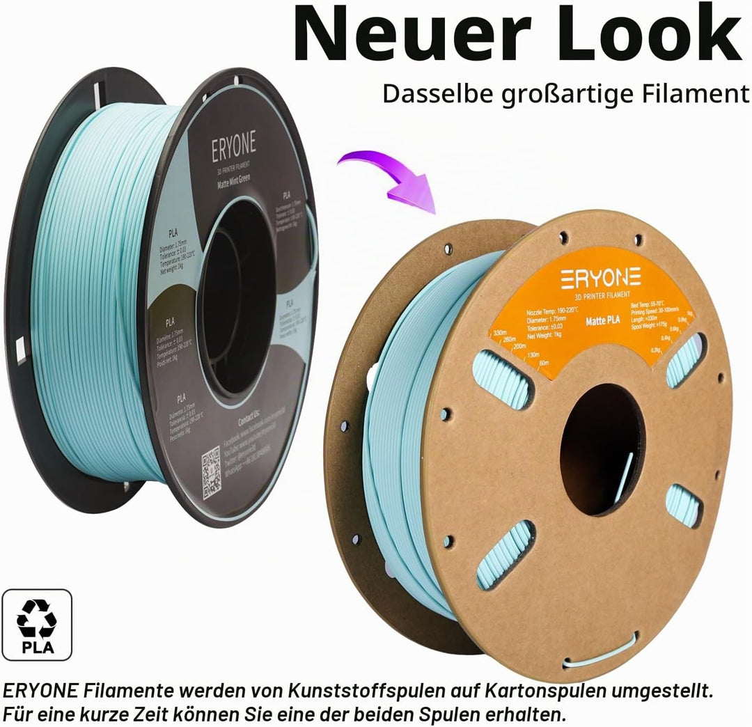 ERYONE Matte PLA 3D Drucker Filament 1.75mm, Massgenauigkeit +/- 0.03 mm, 1 kg 1 Spule, Matte Minzgr