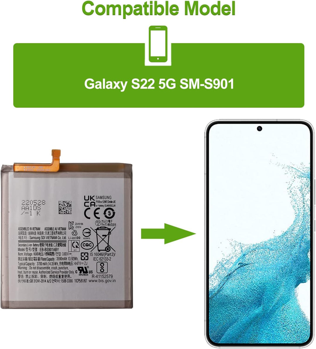 SwarKing Ersatz Akku Kompatibel mit Samsung Galaxy S22 5G SM-S901 EB-BS901ABY with Toolkit