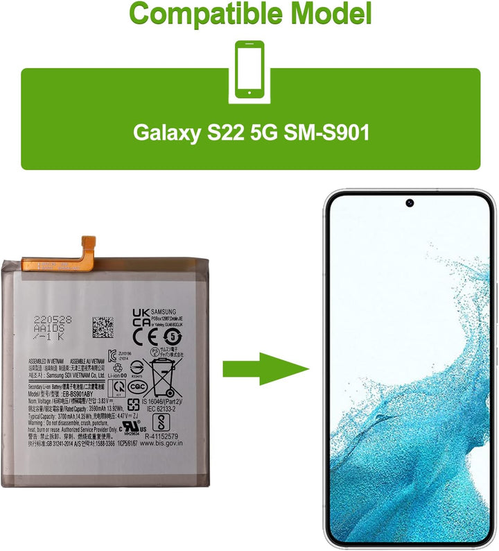 SwarKing Ersatz Akku Kompatibel mit Samsung Galaxy S22 5G SM-S901 EB-BS901ABY with Toolkit
