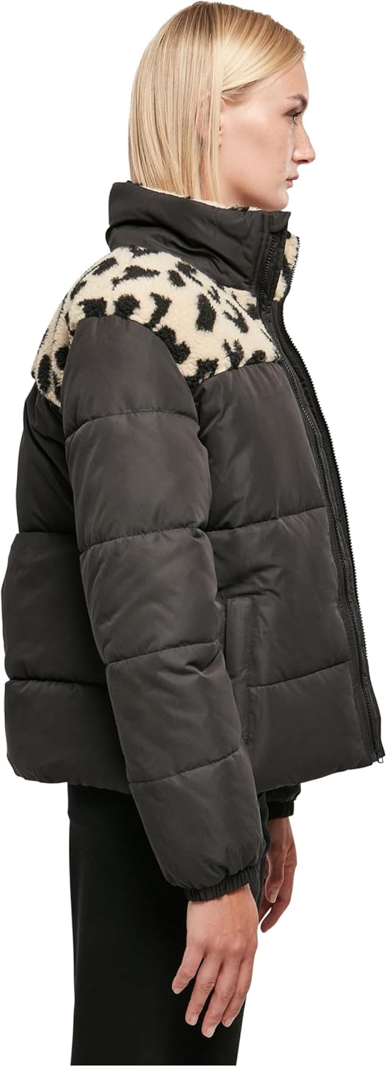 Urban Classics Damen Ladies AOP Sherpa Mixed Puffer Jacket Jacke 5XL Black/Sandleo, 5XL Black/Sandle