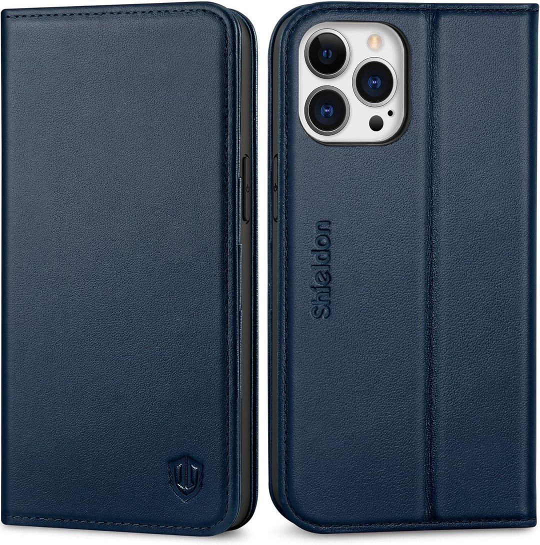 SHIELDON Hülle für iPhone 13 Pro Max, Schuzhülle [Echtleder] [Kartenfach] [Verdichtes TPU] Magnetisc