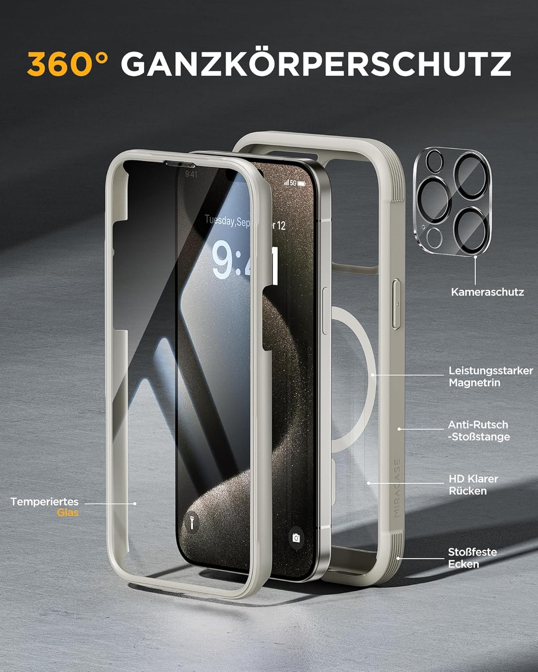 Miracase 360 Grad für iPhone 15 Pro Hülle Magnetisch mit Eingebaut Glas Schutzfolie und Kameraschutz