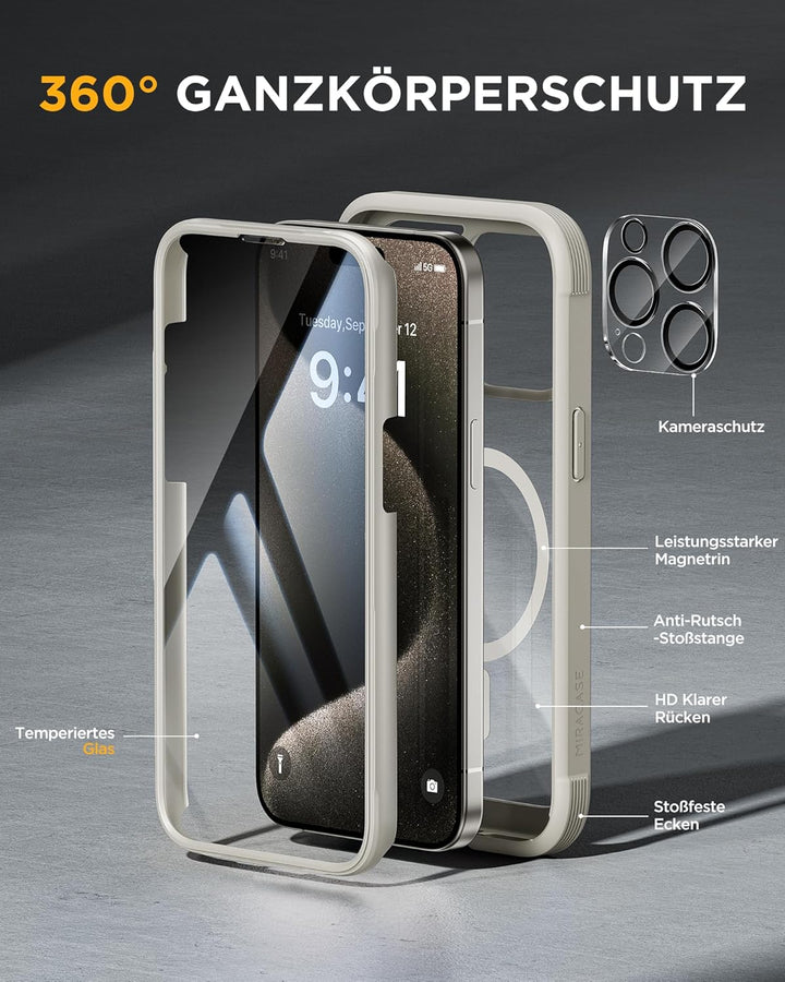 Miracase 360 Grad für iPhone 15 Pro Hülle Magnetisch mit Eingebaut Glas Schutzfolie und Kameraschutz
