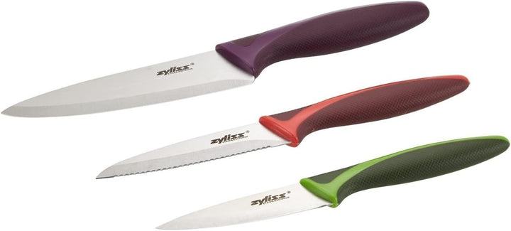 Zyliss E72404 Messer Set 3-Teilig, 9cm/10cm/14cm, Grün/Rot/Lila, Küchenmesser-Set Allzweckmesser/Sch