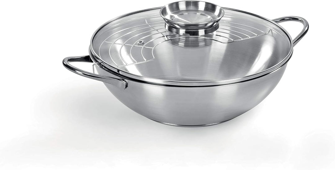 Wok aus Edelstahl 18/10, Ø 28 cm, Fassungsvermögen 3,75 l, Deckel mit Aromaknopf, hergestellt in Ita