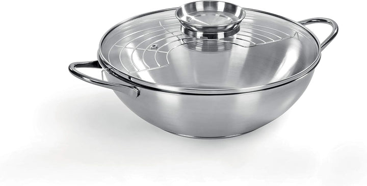 Wok aus Edelstahl 18/10, Ø 28 cm, Fassungsvermögen 3,75 l, Deckel mit Aromaknopf, hergestellt in Ita