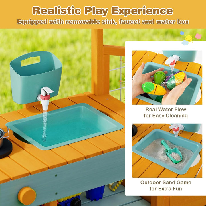 HOMASIS Matschküche Kinder Outdoor, Kinderküche mit Wassertank Spülen Herd, Holz Gartenküche mit Pfl