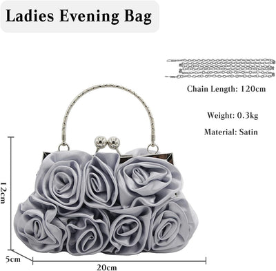 CORIOS Damen Elegante Abendtasche Blumen Clutch Tasche Handtasche mit Kette Kiss Lock Mini Rose Schu