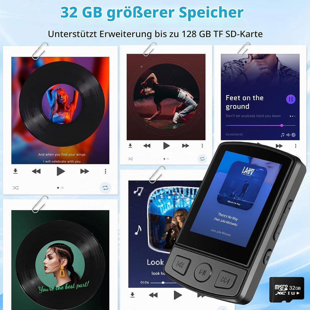 MP3 Players Bluetooth 5.2-1,8 Zoll TFT Farbbildschirm mit Clip Sport 32GB MP3 - Player FM Radio, Lau