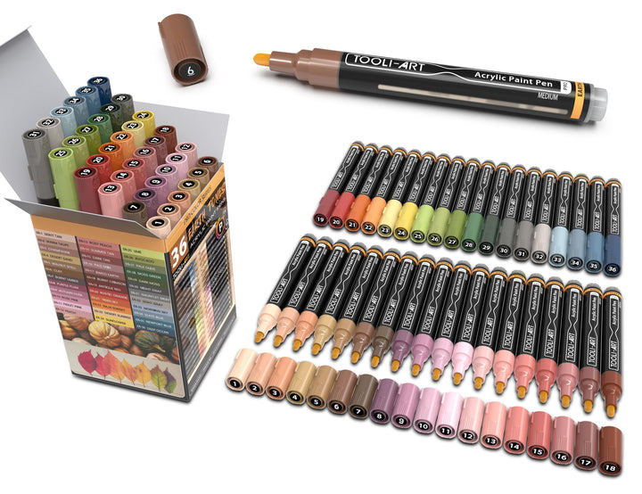 36 Acrylstifte Haut- und Erdton-Marker-Set für Felsmalerei, Leinwand, Tassen Glas Kunststoff Holz, M