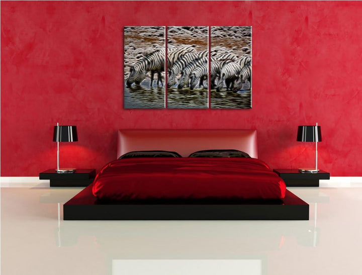 Zebraherde am Wasserloch NewArt 3-Teiler Leinwandbild 120x80 Bild auf Leinwand, XXL riesige Bilder f
