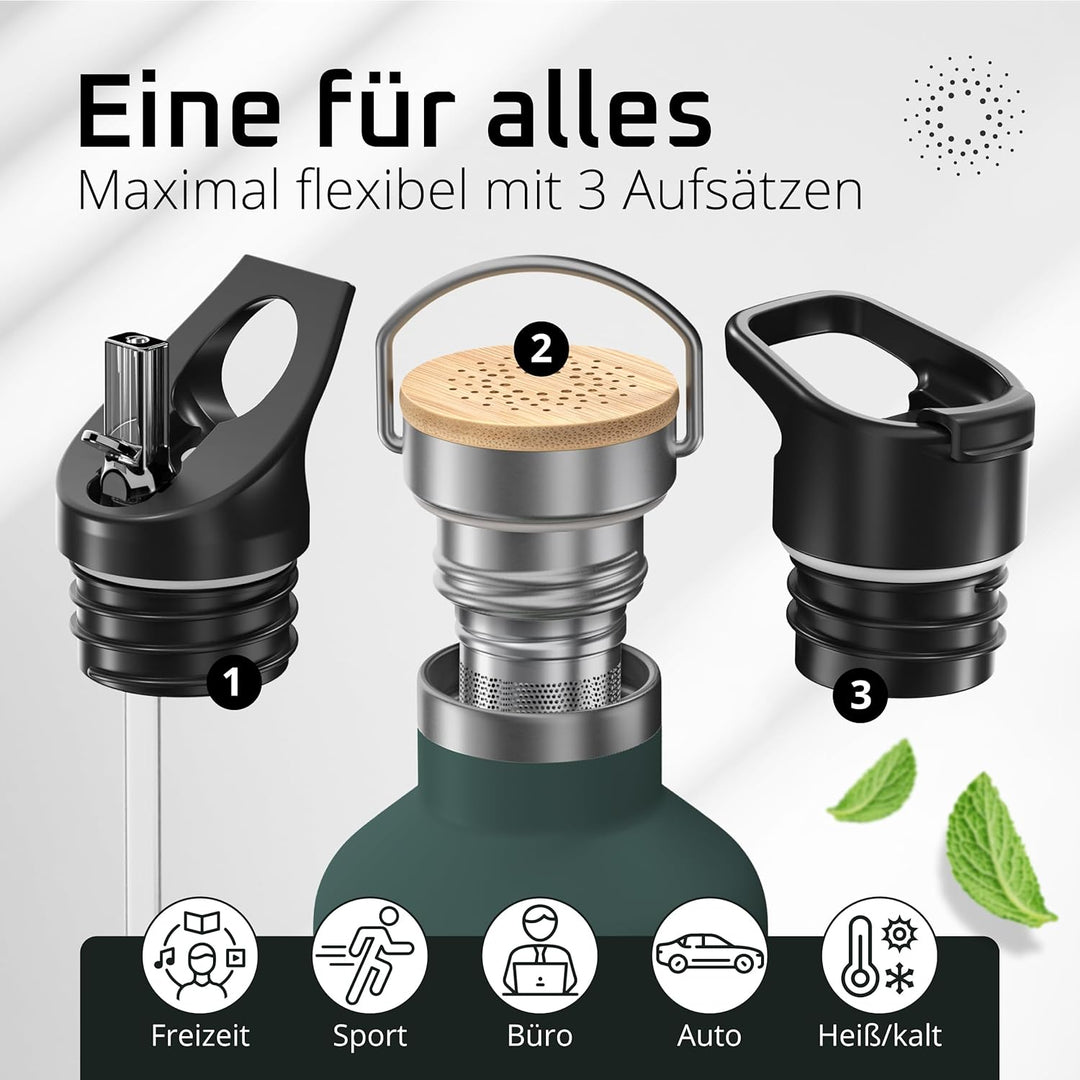 Trinkflasche Edelstahl mit Strohhalm, Infuser + 3 Deckel: BPA-frei, Auslaufsicher, Kohlensäure geeig