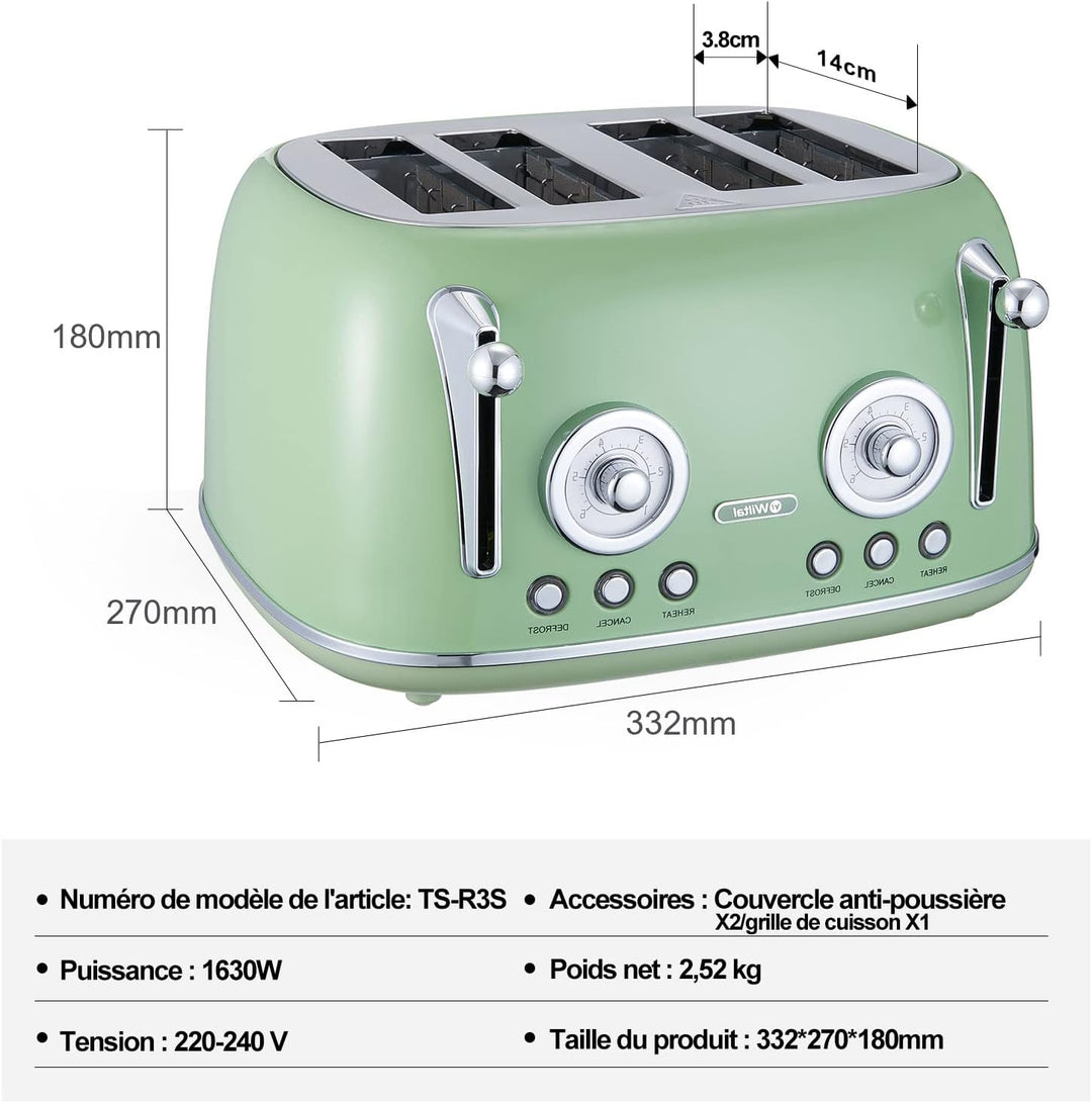 Wiltal Toaster 4 Scheiben, Toaster Langschlitz, Edelstahl Gehäuse, mit Integrierten Brötchenaufsatz,