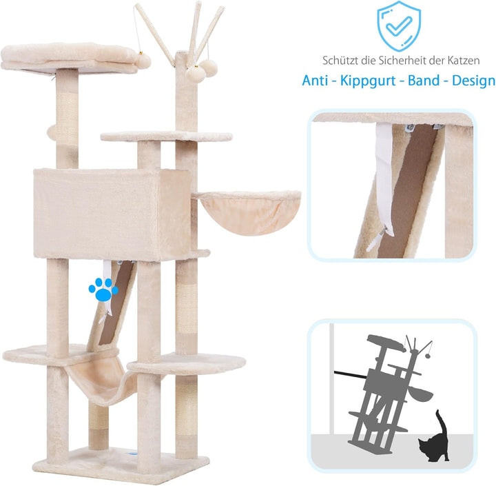 Hey-Brother Kratzbaum, 135 cm Indoor Katzenbaum, Mit gepolsterter Plattform Bett, Spielzeug Ball, Hö