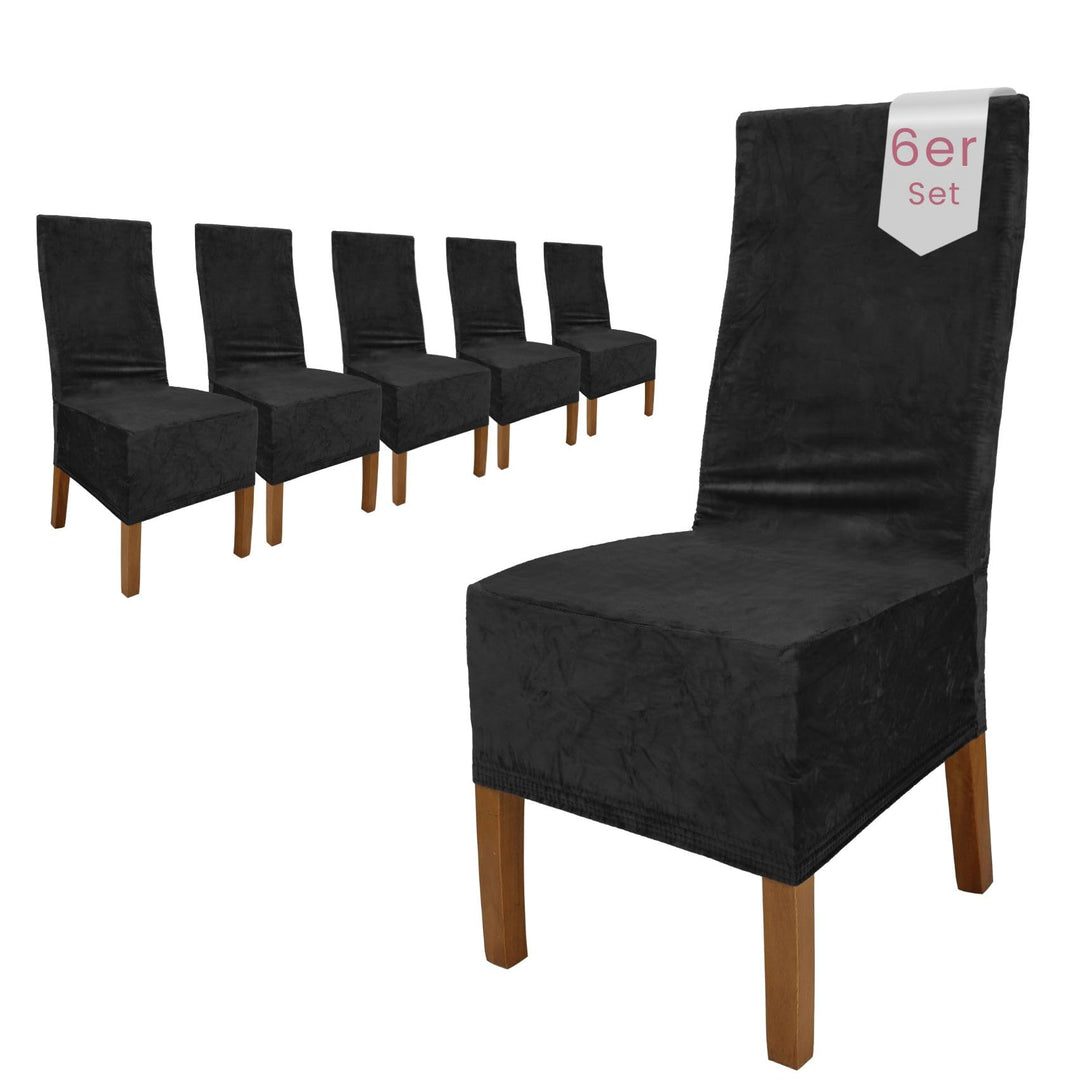SCHEFFLER-Home Stretch Stuhlhussen Samt Puma Velvet/Velours Stuhlhussen Schwarz 6er Set/Stuhlabdecku