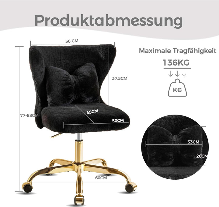 Schminktisch Stuhl mit Rollen Gold, Schreibtischsessel Mädchen, Drehstuhl Home Office mit Kissen, Hö