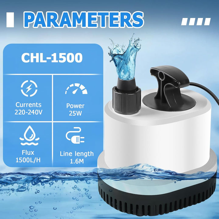 EXLECO Tauchpumpe Klein Wasserpumpe Mini Aquarium Pumpe Max.1500L/H 25W 220-240V Förderpumpe Springb