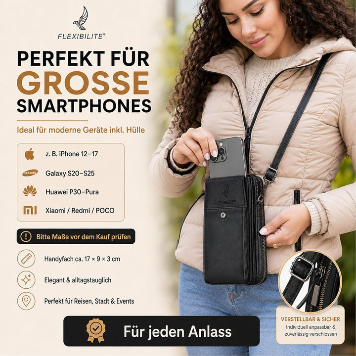 FLEXIBILITE® Handytasche zum Umhängen aus echtem Leder I EXTRA leicht 220 g mit RFID I Handy Portemo