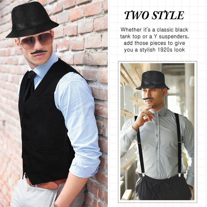 Blulu 1920er Herren Zubehör Gatsby Gangster Kleidung Kostüm Cosplay Outfit mit Weste Fedora Hut Tasc