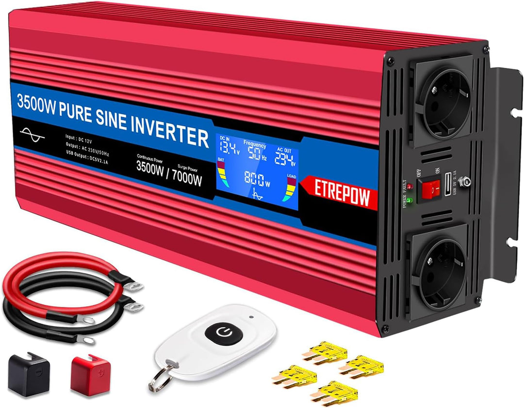 ETREPOW 3500w Spannungswandler 12v Auf 230v Reiner Sinus Wechselrichter mit 2 EU-Steckdose und Einer