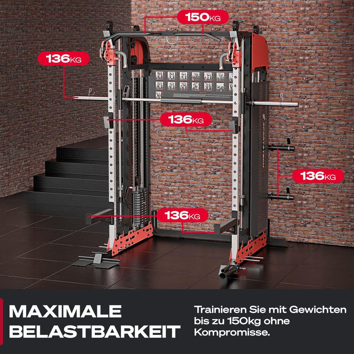 Sportstech SXM200 Smith Machine für Zuhause, Power Rack mit Kabelzug, Klimmzug, Langhantelstange, Be