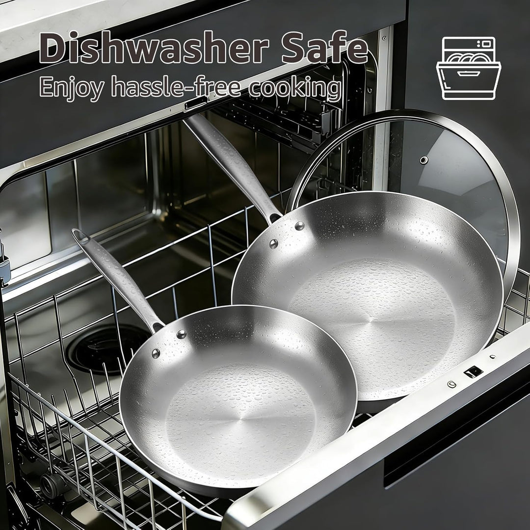 Inqibee Edelstahlpfanne Bratpfannenset Unbeschichtet 22 cm &amp; 26 cm mit Deckel - Pfannenset Edelstahl
